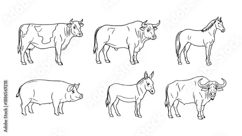 Farm Animals Outlined: A collection of various farm animals elegantly depicted in black and white line art, perfect for design assets.