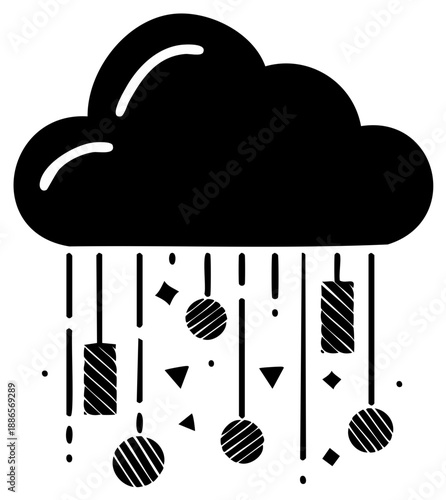 Silhouette illustration of a cloud raining geometric shapes.
