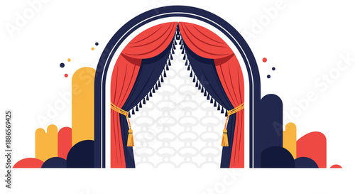 Grand stage opening revealed by heavy red and blue curtains with golden tassels against a stylized background of colorful shapes.