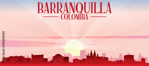 Red panoramic poster of the city skyline with misty background buildings, sunrise, moon and clouds of BARRANQUILLA, COLOMBIA