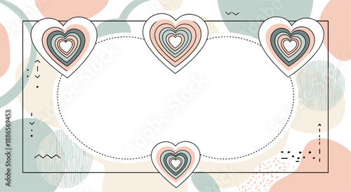 Modern decorative frame features layered colorful hearts and abstract geometric shapes in soft pastel tones for a romantic greeting card.