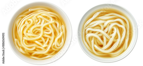 Japanese udon noodles served in light broth, top view and isolated on white background, representing Japanese cuisine © boule1301