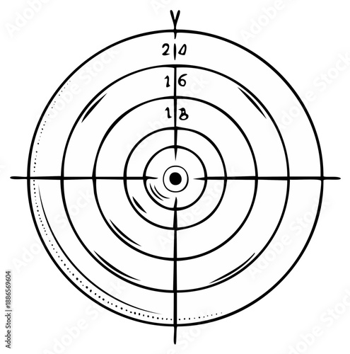 Concentric Circles Target Symbol with Score Numbers and Crosshairs Graphic Illustration