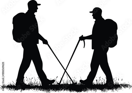 Two hikers with backpacks and walking sticks, silhouette illustration, rural travel scene, black vector artwork, outdoor adventure, trekking concept design