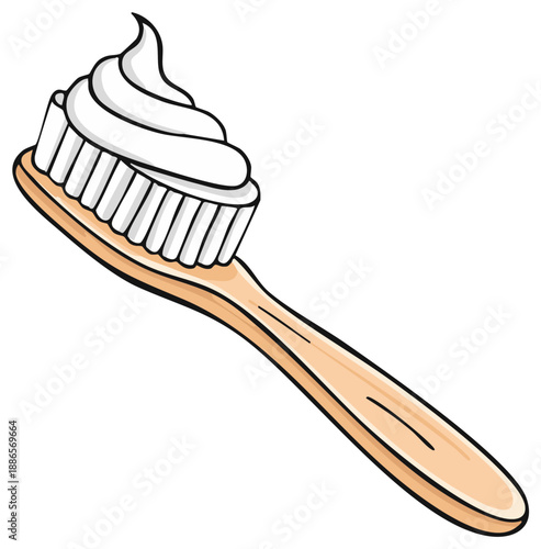 Cartoon wooden toothbrush with toothpaste, dental hygiene, oral care concept