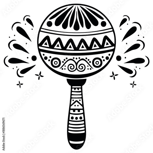 Mexican maraca musical instrument, tribal design, fiesta celebration.