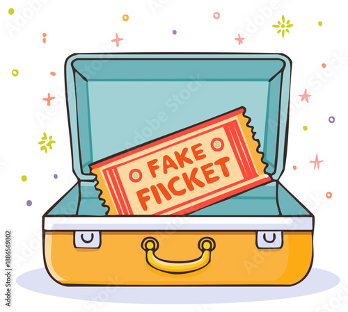 Open suitcase revealing a fake ticket illustration for travel or event deception and scam concept