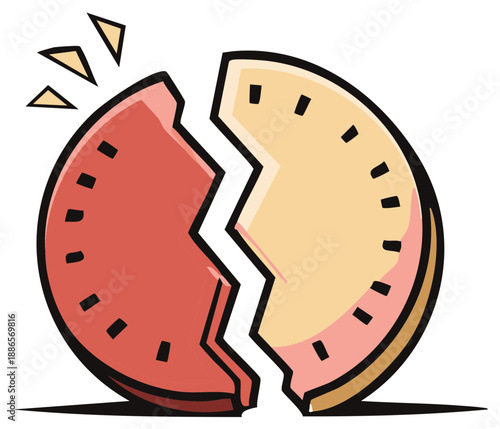 Cracked round object breaks apart into two distinct halves with geometric detail and color division