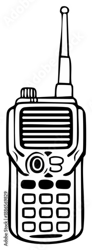 Handheld radio transceiver illustration, portable communication device with an antenna for two way radio, monochrome sketch style