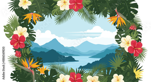 Breath-taking tropical landscape with blue mountains and a calm lake viewed through a vibrant frame of exotic hibiscus and palm leaves.