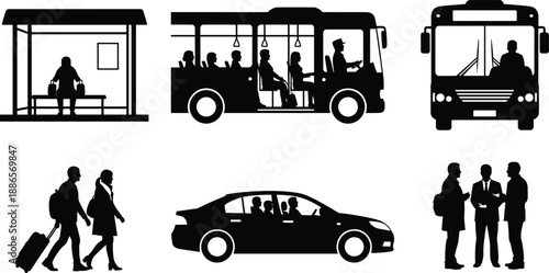 Silhouettes of transportation and travel scenes including bus, car, walking, and waiting at stop in six-panel layout
