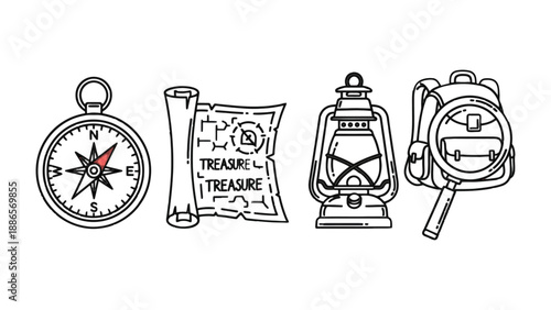 Adventure Essentials: A set of classic icons—a compass, a rolled map marked treasure, a vintage lantern, and a backpack—evokes the spirit of exploration and discovery.