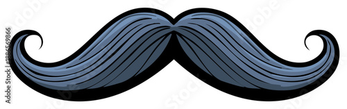 Classic curled blue-gray mustache illustration. Vintage men's facial hair design with elegant style and humor.
