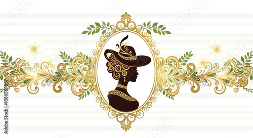 Elegant silhouette of a lady wearing a vintage feathered hat and pearl jewelry framed by golden scrolls and delicate white flowers.