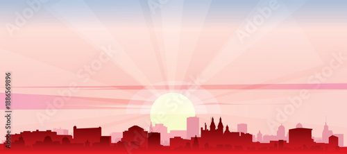 Red panoramic poster of the city skyline with misty background buildings, sunrise, moon and clouds of BARRANQUILLA, COLOMBIA