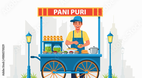 Detailed vector illustration of a street food vendor preparing traditional Indian snacks from a vibrant cart, showcasing a popular delicious roadside delicacy
