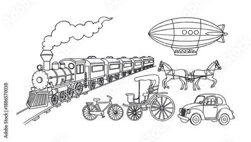 Vehicular Evolution: A historical journey through modes of transport, from steam trains to modern automobiles, showcasing the evolution of transportation technologies.