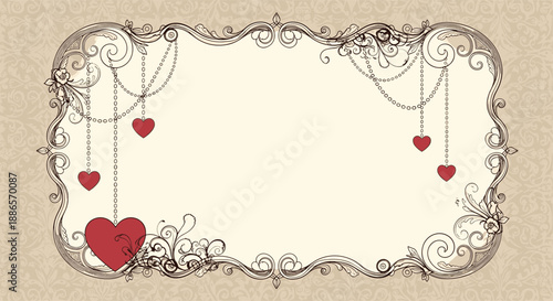 Ornate vintage frame with brown scrolls is decorated with hanging red hearts and delicate pearl strings on a patterned beige background.