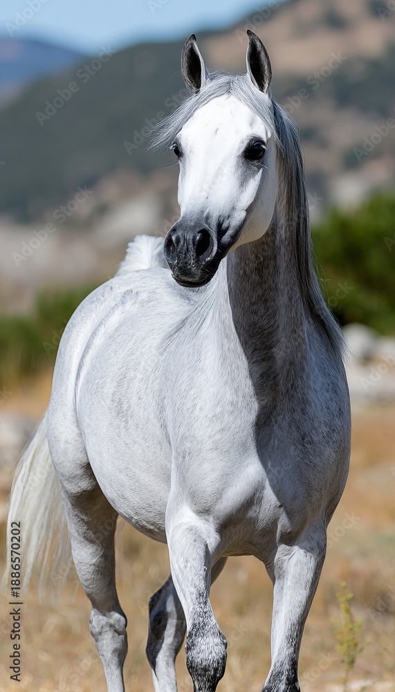 Obraz premium Majestic Arabian Stallion Galloping Gracefully Through a Lush Green Meadow Under a Bright Sky