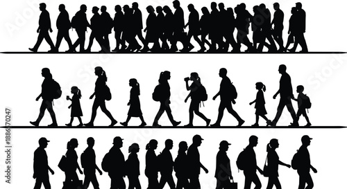 Silhouettes of diverse people walking with bags and accessories in three-row layout, depicting motion and daily activity