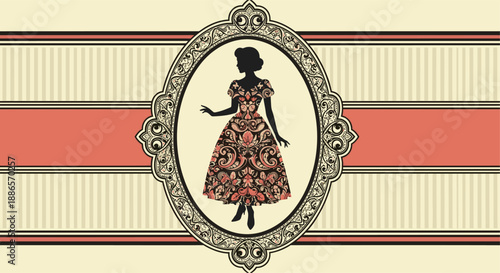 Classical silhouette of a woman wearing a richly patterned floral dress is presented in an ornate oval frame against a striped background.