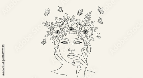 Delicate line art drawing of a beautiful woman with a floral crown in her hair surrounded by flying butterflies on a light beige background.