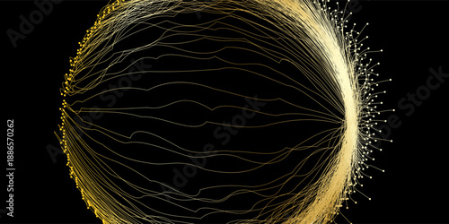 Abstract circle wave lines, gradient light equalizer gold wavy curve. Round frame in luxury golden color isolated on black background. Editable stroke. Vector illustration with copy space