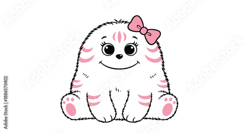 Adorable white fluffy monster with pink stripes and a matching bow sits and smiles with large expressive eyes on a white background.