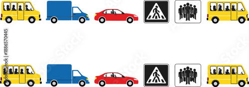 Illustration of repeated rows of vehicles, pedestrian signs, and people icons including school bus, truck, and sedan