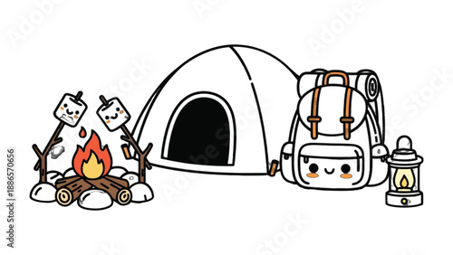 Camping Adventure: An illustrated camping scene, with a cozy tent, a roaring campfire with marshmallow skewers, and a well-equipped backpack. A celebration of outdoor life and recreational pursuit