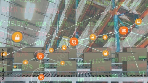 Animation of network of connections with icons and stock market over warehouse
