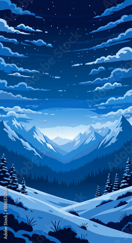 Captivating vector illustration of a serene winter night landscape, featuring majestic snowy mountains, tranquil peaks, a starlit sky, and peaceful pine forests