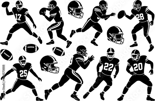 American Football Player Action Pose Vector Illustration Set