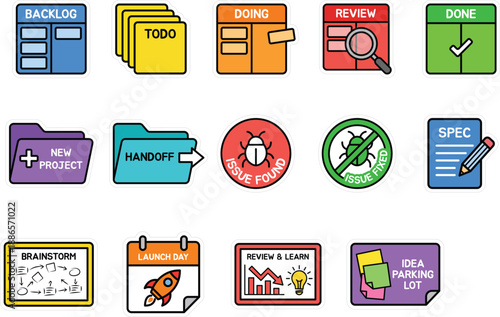 Project management icons for workflow, tasks, and project stages