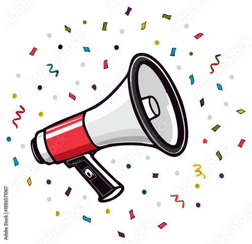 Megaphone broadcasting a celebration with colorful confetti flying around it