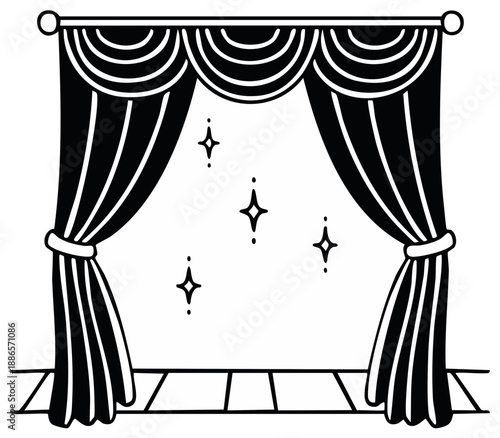 Stage curtain illustration with a stylized view of sparkling stars