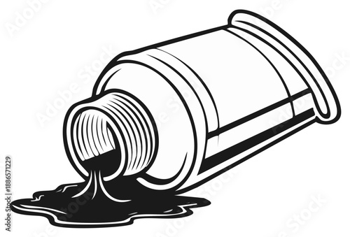 Ink tube spilling liquid black ink, artistic representation, graphic illustration