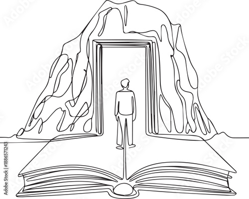 Man standing in doorway of open book with mountain landscape behind
