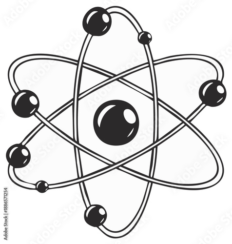 Black and white atomic structure illustration representing science technology and nuclear energy concepts