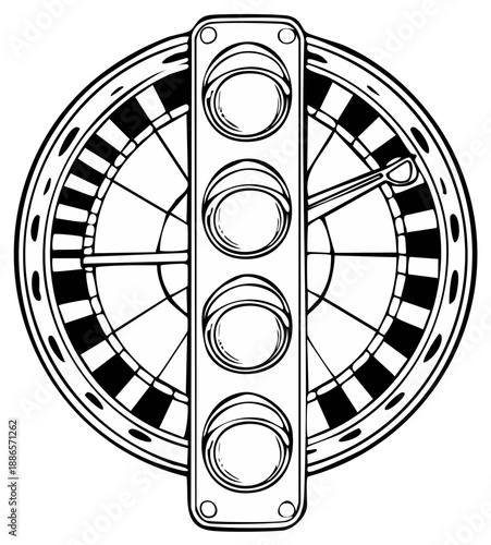 Stylized Roulette Wheel Combined with Traffic Light Symbolizing Choice and Chance