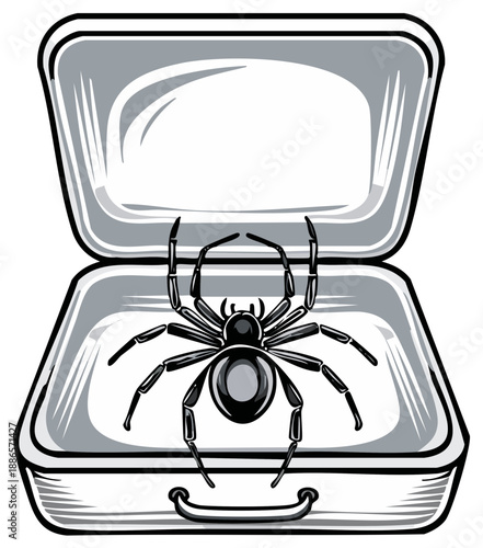 Black widow spider in an open metal case illustration
