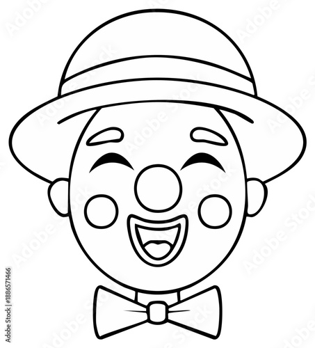 Cartoon clown face with hat and bow tie cheerful expression