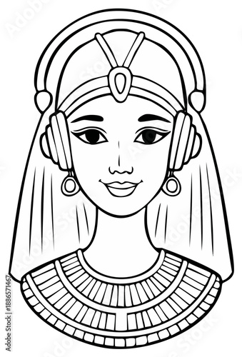 Illustration of an ancient Egyptian queen wearing headphones, black and white line art