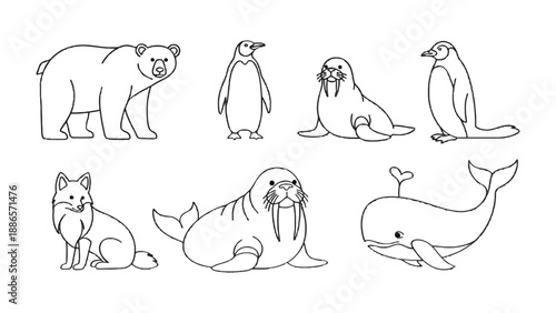 Arctic Animals Outline Illustration: A captivating monochrome illustration showcasing a collection of Arctic animals, evoking the charm of the polar region and its unique wildlife.