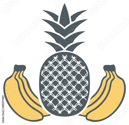 A stylized illustration of a pineapple flanked by two bananas symbolizing tropical fruit