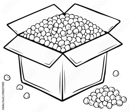 Cartoon-style illustration of an open cardboard box filled with spherical objects