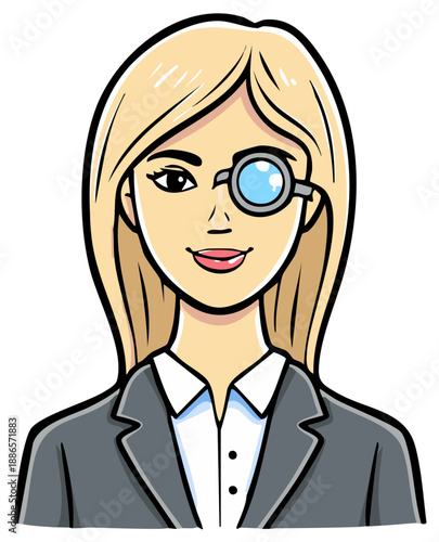 Stylish woman wearing monocle and blazer with blond hair, cartoon illustration