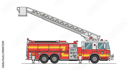 Illustration of a red fire truck with extended ladder on white background