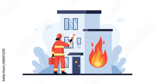Firefighter in action extinguishing fire on building illustration