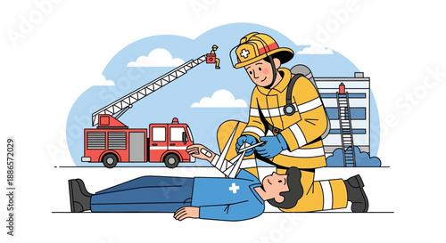 Firefighter providing first aid to injured person with fire truck in background